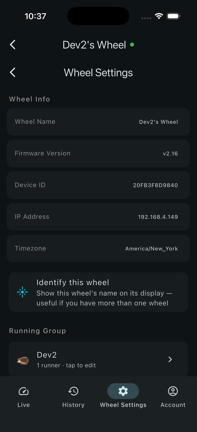 Wheel settings screen in the LittleLegs app