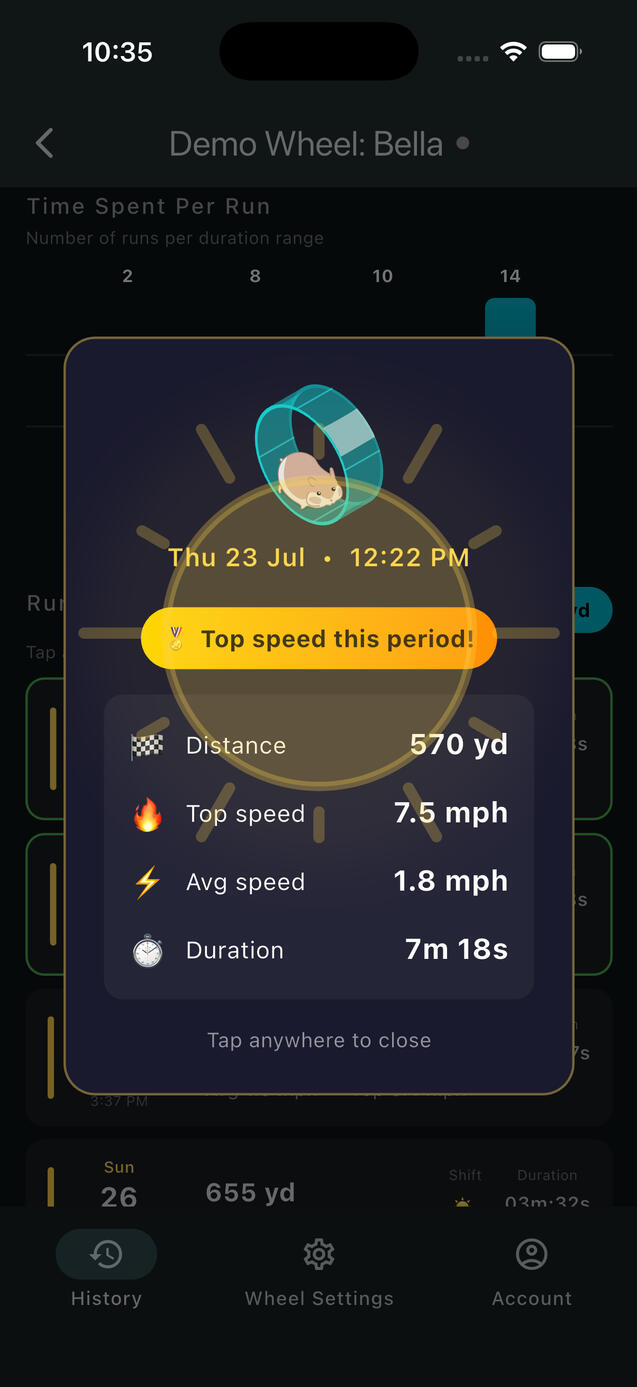 LittleLegs app showing detailed statistics for an individual exercise session, including distance, top speed, average speed and duration.